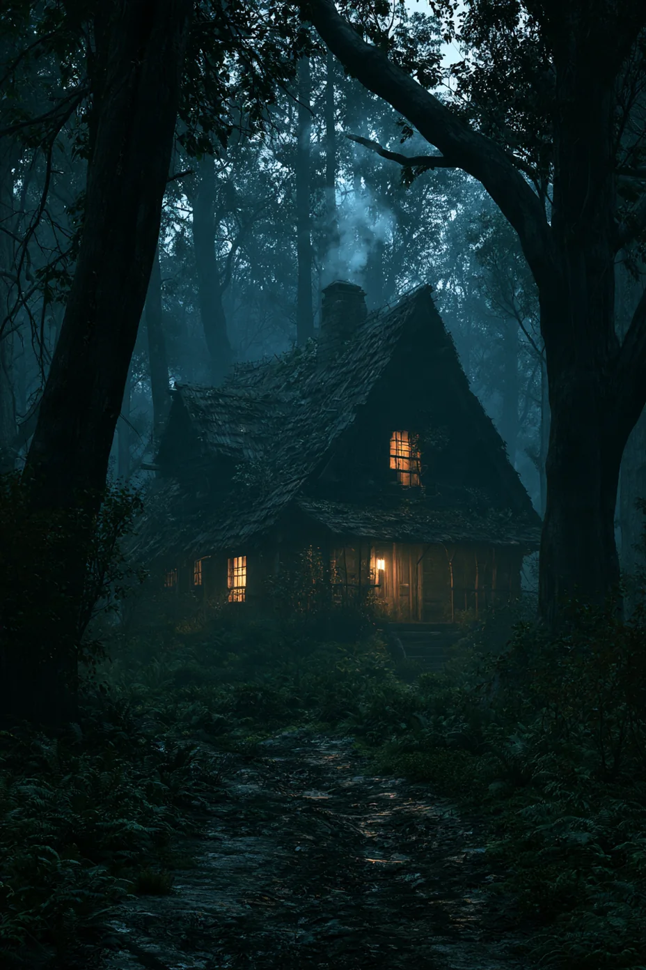 A shingled cabin in a misty forest, a single upstairs window lit