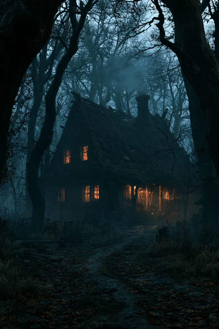 An abandoned cabin in a dark wood, smoke rising, windows lit