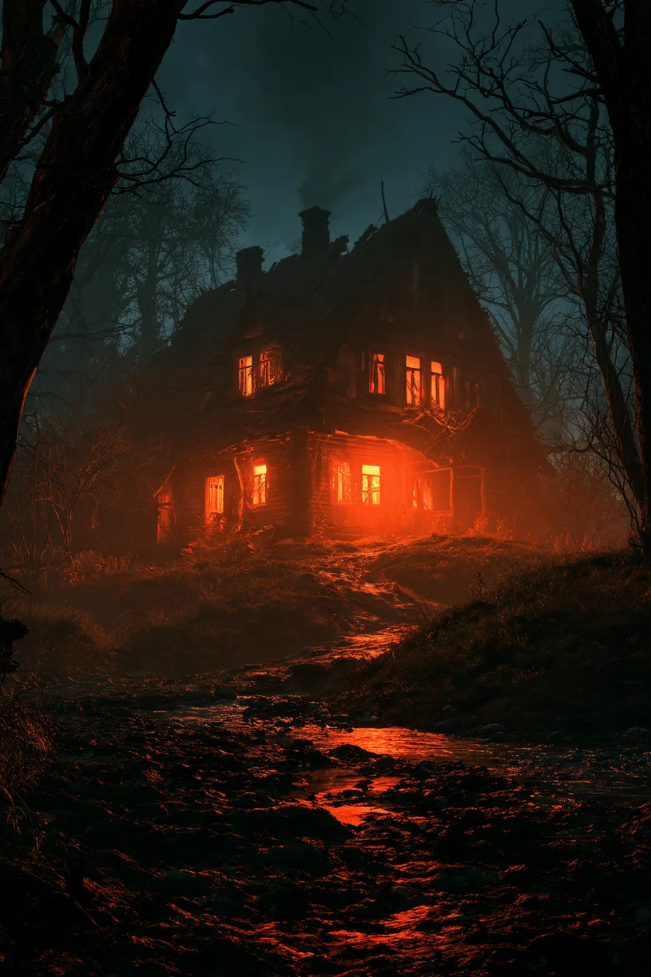 A wooden house with glowing windows reflected in a dark stream