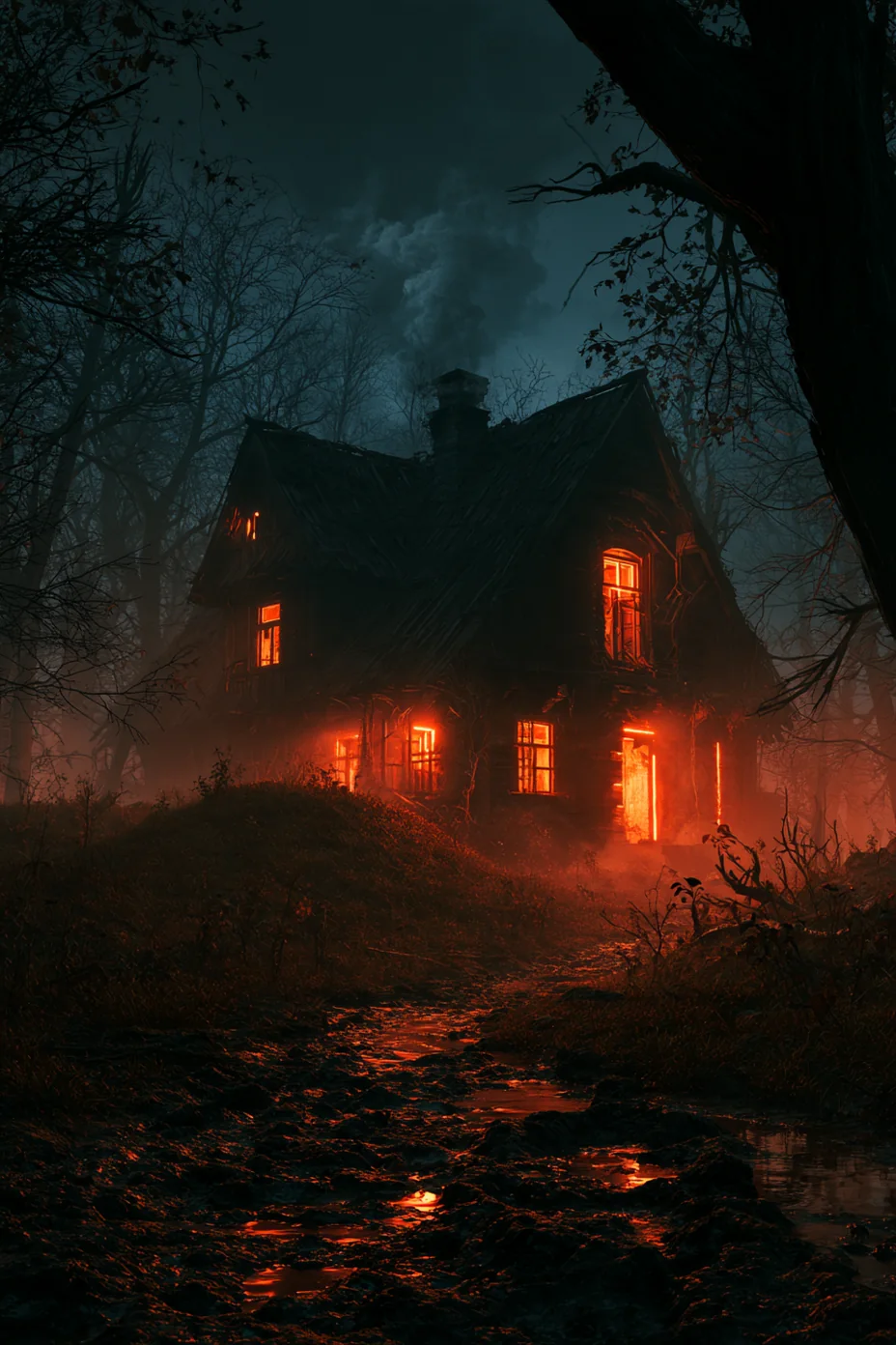 An abandoned wooden house glowing orange from every window on a muddy path