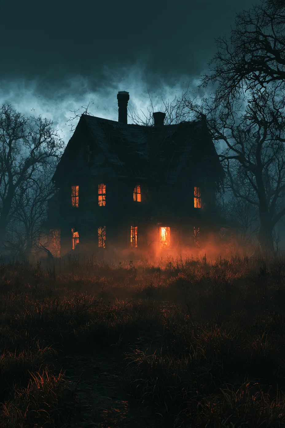 A derelict house in long grass, orange light spilling into the fog