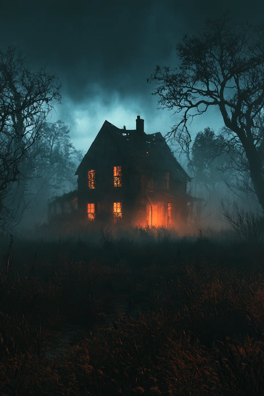 A crumbling house in a misty meadow, orange light at the door