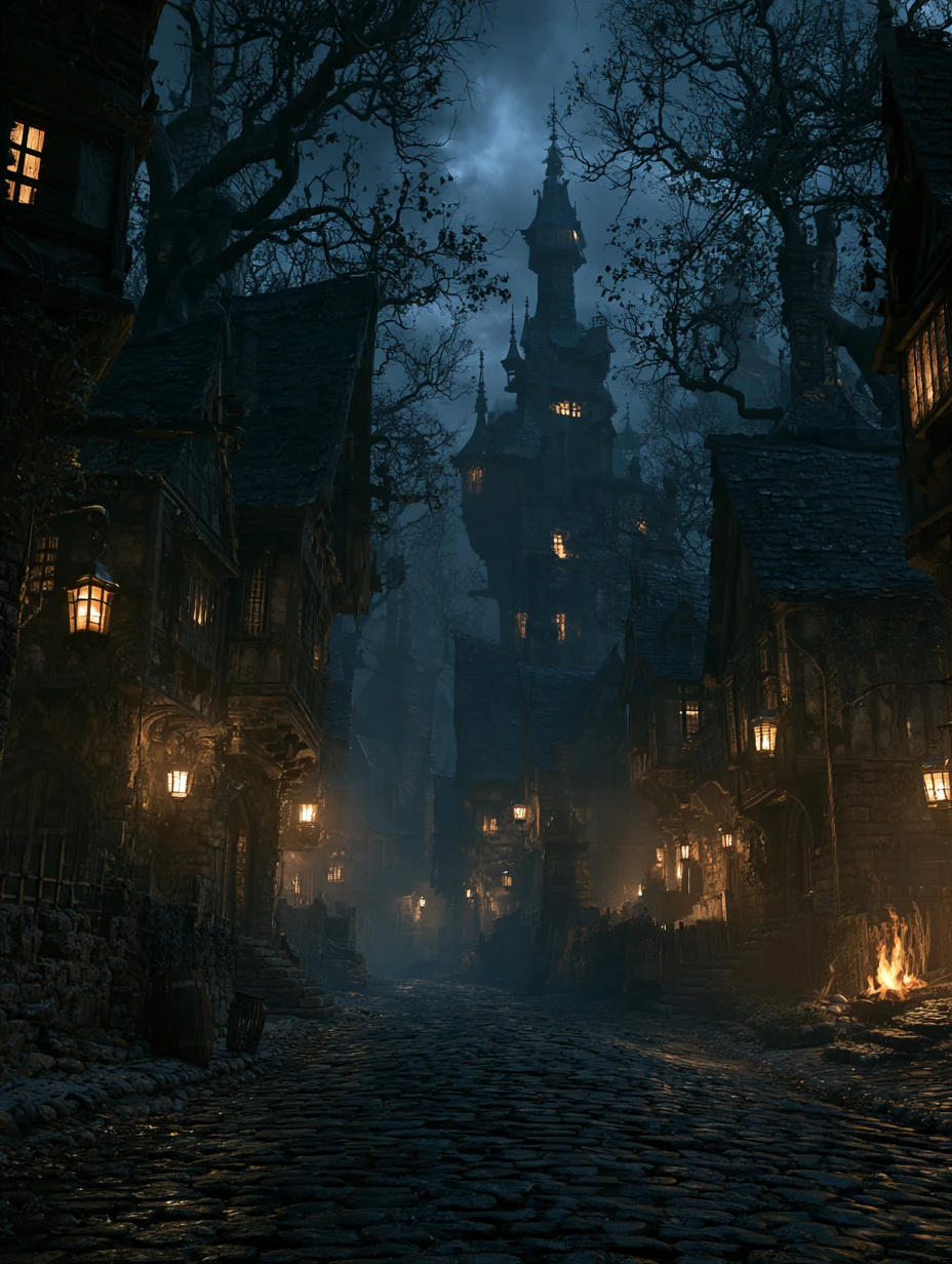 A lantern-lit lane below a crooked tower at night