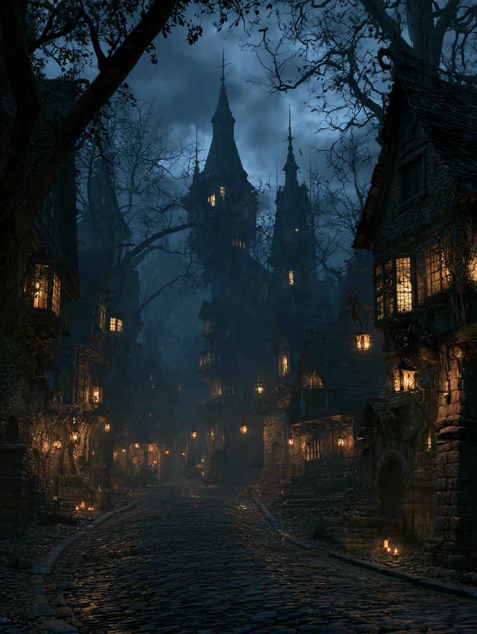 A lantern-lit cobbled lane below crooked towers in blue fog