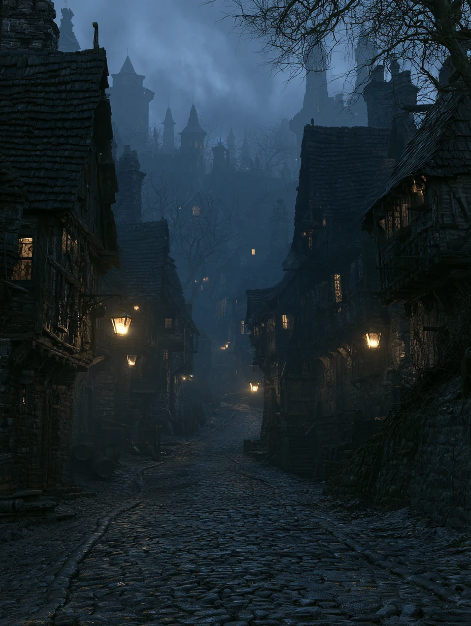 A steep cobbled lane between crooked timber houses, lanterns lit