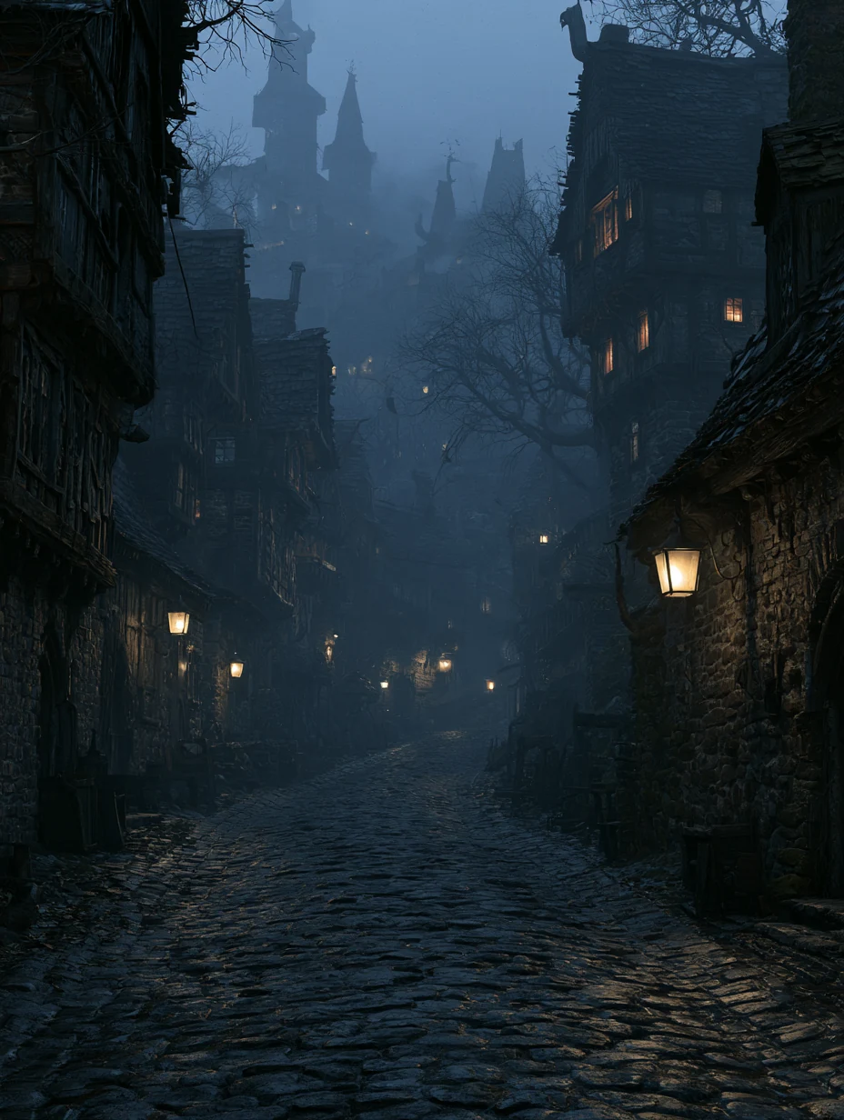 A cobbled lane at night between tall timber-framed and stone houses, lanterns glowing on the walls and spires fading into the fog