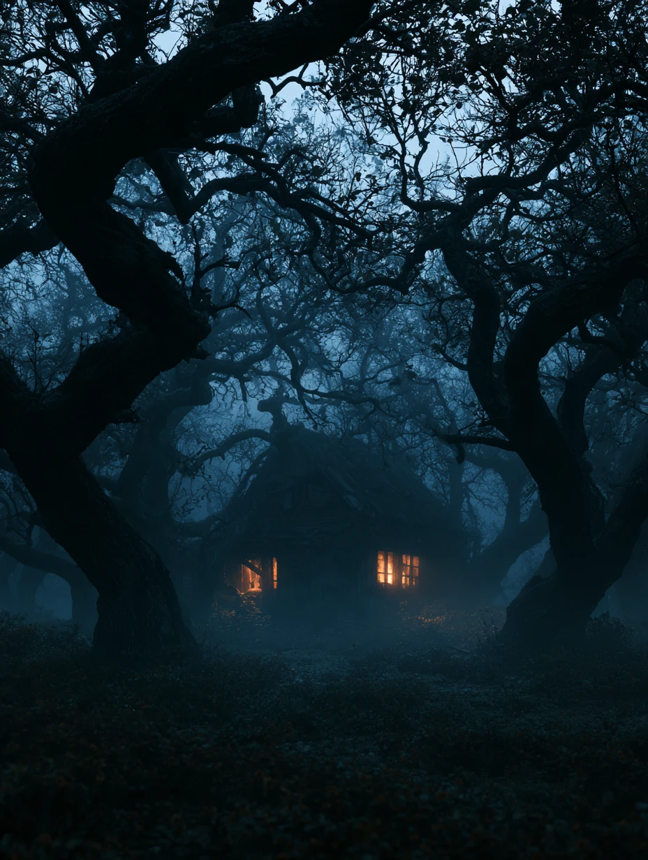 An abandoned hut in a fog-drenched orchard, two windows lit
