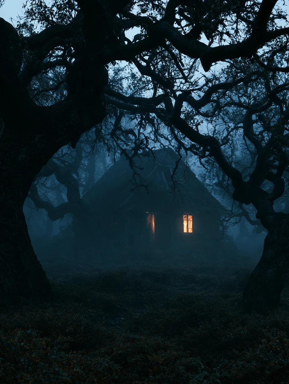 A fog-drenched orchard at dusk. Crooked trees arch over an abandoned hut where one window is lit.
