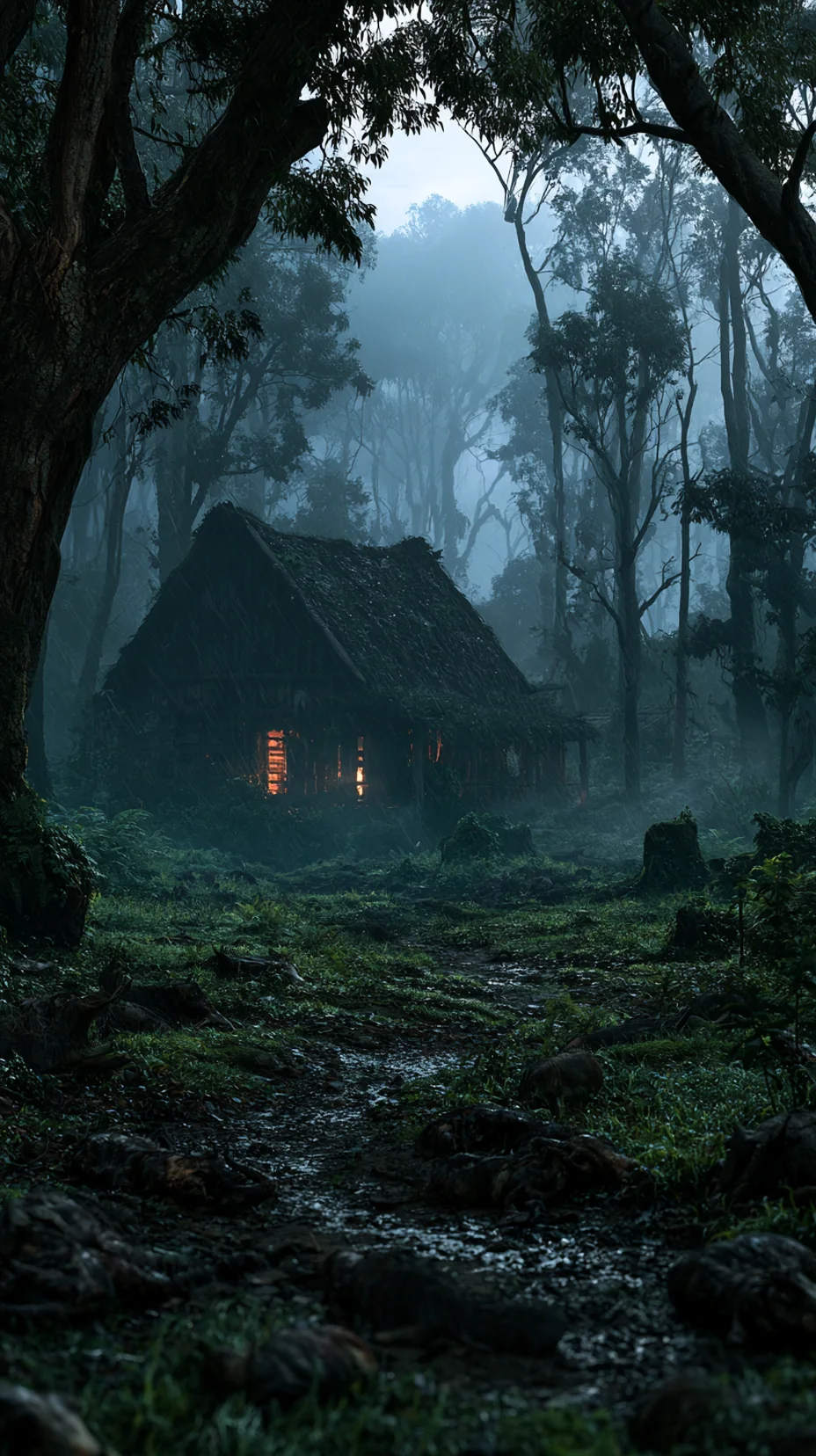 A thatched shack in a rain-soaked forest, one window lit