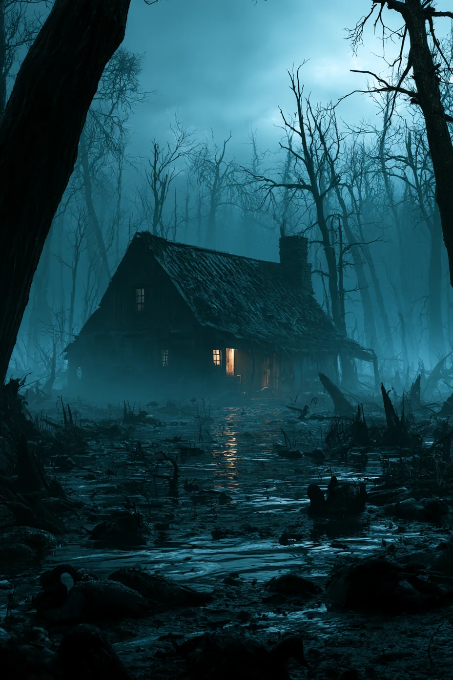 An abandoned house in a flooded swamp, its light on the water