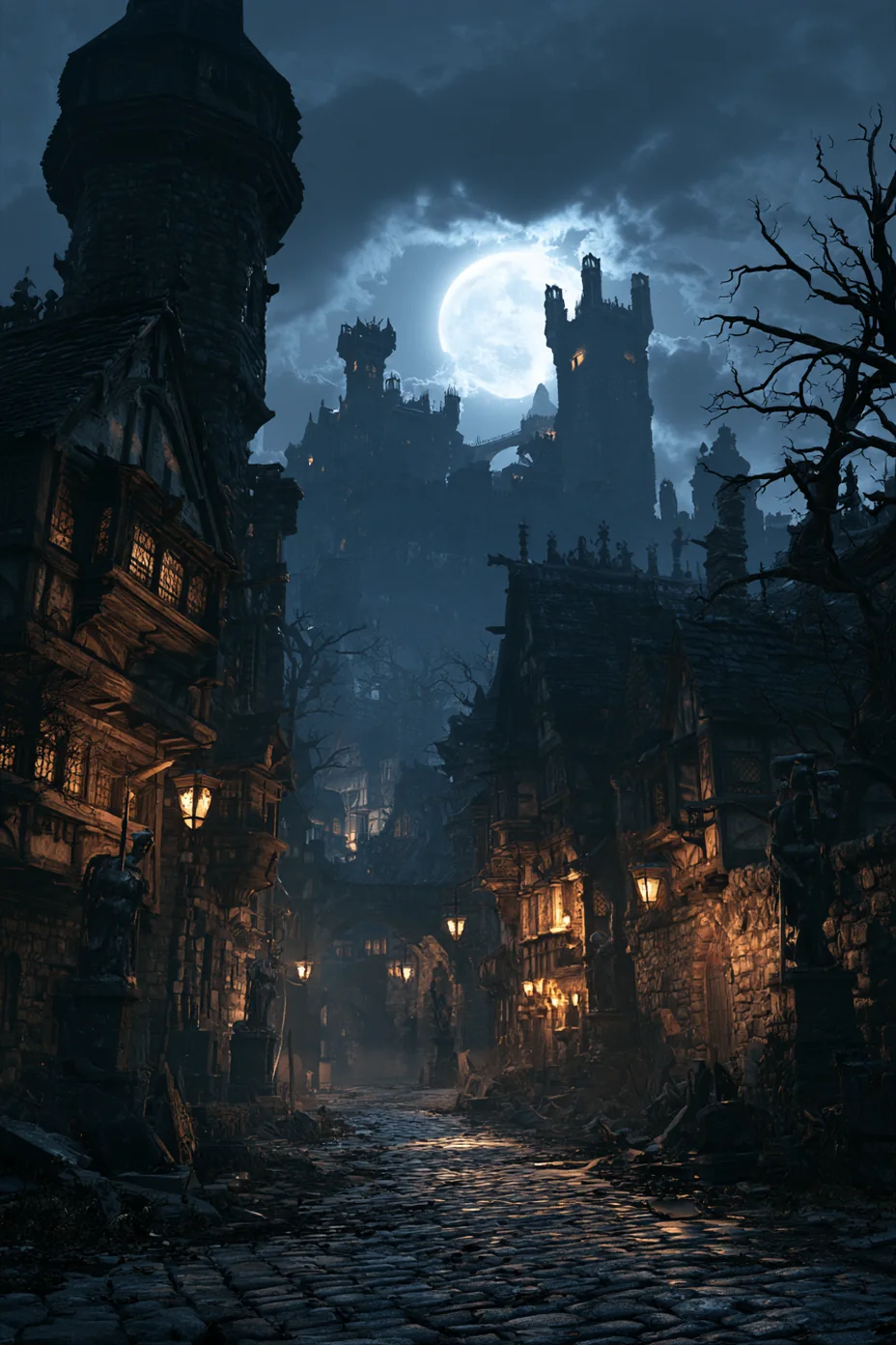 Gothic towers and crooked houses under a full moon, lanterns along the street