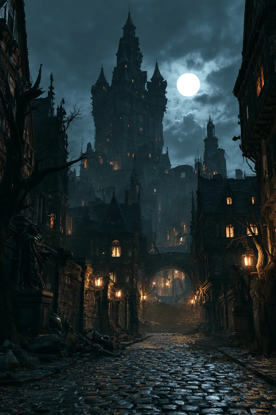 A wet cobbled street climbing to a gothic castle under the moon