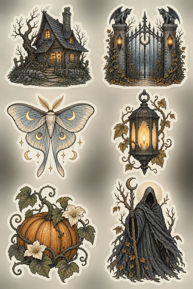 A sheet of spooky stickers: cottage, gate, moth, lantern, pumpkin, guardian