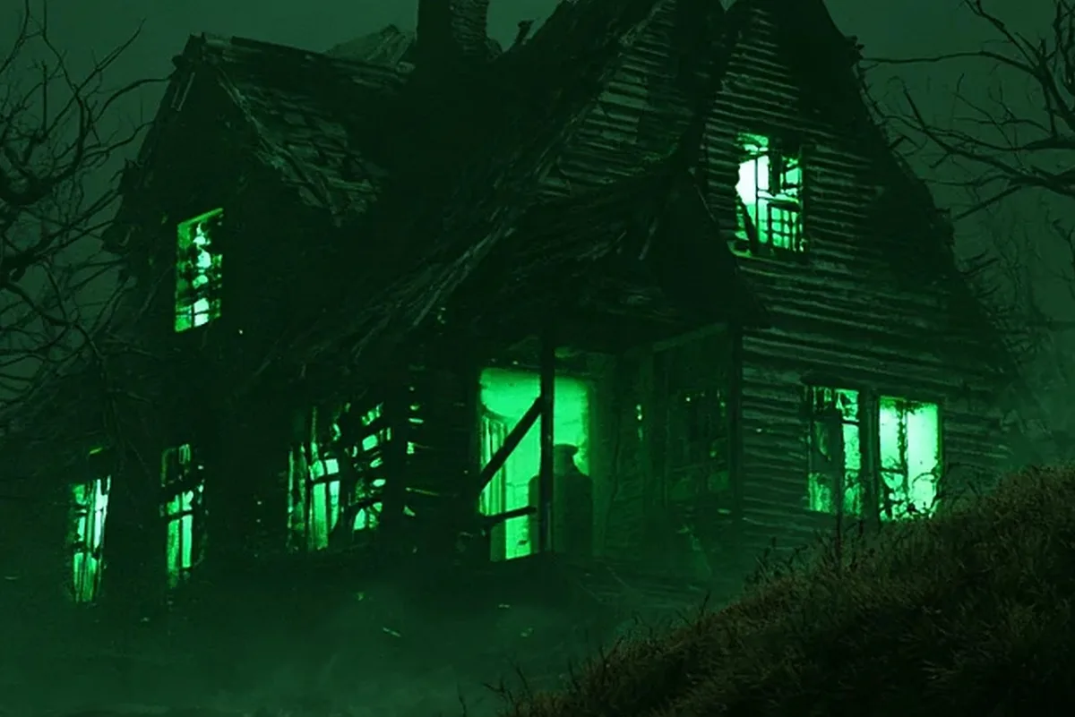 Close view of a sagging clapboard house on a rise at night, its windows and open door glowing green