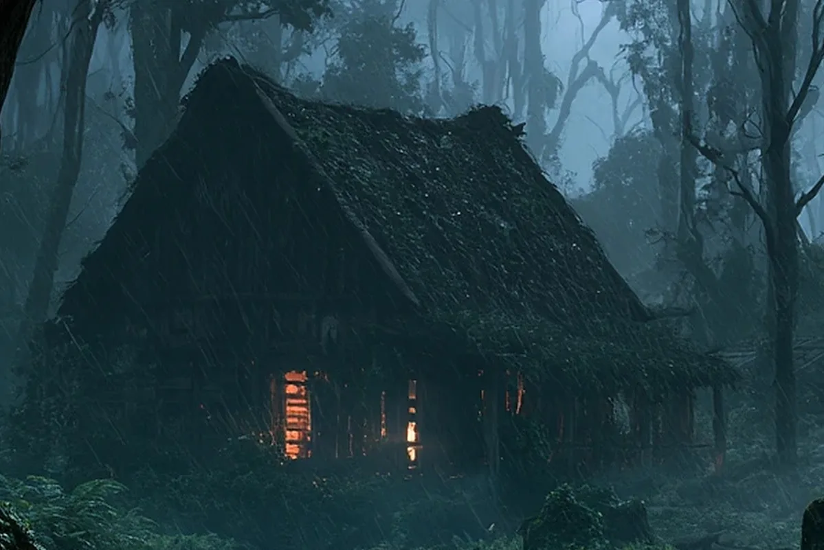 A thatched hut among dark trees in the rain, two small orange windows lit